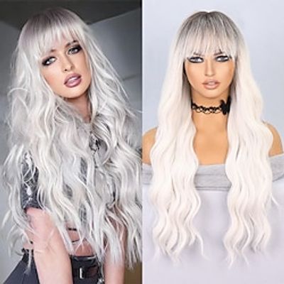 Cosplay Costume Wig Synthetic Wig Wavy Deep Wave Neat Bang Machine Made Wig 24 inch Black-white Synthetic Hair Women's Soft Party Comfortable Mixed Color Lightinthebox