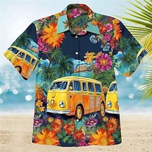 Men's Shirt Summer Hawaiian Shirt Floral Graphic Prints Hippie Bus Turndown Yellow Navy Blue Blue Light Blue Outdoor Street Short Sleeves Print Clothing Apparel Fashion Streetwear Designer Casual Lightinthebox