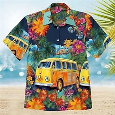 Men's Shirt Summer Hawaiian Shirt Floral Graphic Prints Hippie Bus Turndown Yellow Navy Blue Blue Light Blue Outdoor Street Short Sleeves Print Clothing Apparel Fashion Streetwear Designer Casual Lightinthebox