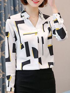 Autumn Spring Polyester Women Turn Down Collar Decorative Button Geometric Long Sleeve Blouses