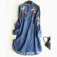 2019ebay amazon aliexpress hot denim embroidered flower row long sleeve dress women's spot Lightinthebox - thumbnail