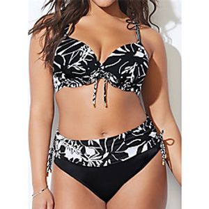 Women's Swimwear Bikini 2 Piece Swimsuit Open Back Print Leaf Black Swimwear Camisole Strap Bathing Suits New Casual Vacation  Modern Lightinthebox