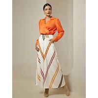 Satin Orange Crossover Collar Blouse Multi Color Stripe Wide Leg Pants Two Piece Sets