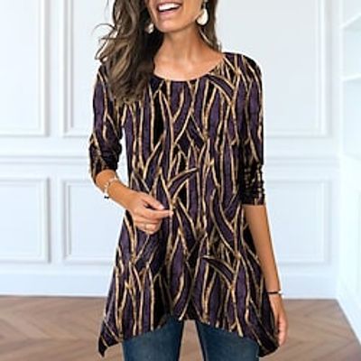 Women's T shirt Tee Green Blue Purple Graphic Flowing tunic Print Long Sleeve Casual Weekend Basic Round Neck Long Painting S Lightinthebox