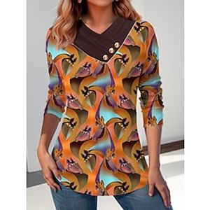 Women's T shirt Tee Cat Blue Orange Gold Button Print Long Sleeve Daily Weekend Fashion V Neck Regular Fit Spring   Fall Lightinthebox
