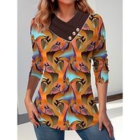 Women's T shirt Tee Cat Blue Orange Gold Button Print Long Sleeve Daily Weekend Fashion V Neck Regular Fit Spring   Fall Lightinthebox - thumbnail