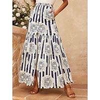 Women's Maxi 100% Cotton Navy Blue Skirts Spring  Summer Button Pocket Flower Natural Elegant Dress Sweet Daily Wear Vacation S M L Lightinthebox