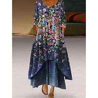 Women's Long Dress Maxi Dress Casual Dress Swing Dress Butterfly Flower Casual Outdoor Daily Weekend Pocket Print Long Sleeve V Neck Dress Loose Fit Black Navy Blue Blue Fall Spring S M L XL XXL Lightinthebox - thumbnail