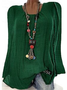 Round Neck Patchwork Brief Plain Long Sleeve Linen Blouse
