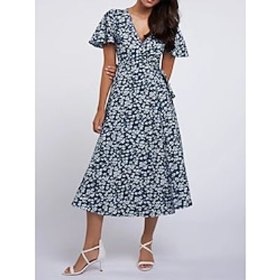 Women's Casual Dress Swing Dress Floral Ditsy Floral Print Lace up V Neck Midi Dress Fashion Streetwear Outdoor Daily Short Sleeve Slim Wine Red Blue Fall Winter S M L XL Lightinthebox
