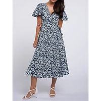 Women's Casual Dress Swing Dress Floral Ditsy Floral Print Lace up V Neck Midi Dress Fashion Streetwear Outdoor Daily Short Sleeve Slim Wine Red Blue Fall Winter S M L XL Lightinthebox - thumbnail