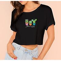 Women's Crop Tshirt Plants Graphic Print Round Neck Tops 100% Cotton Basic Basic Top White Black Lightinthebox - thumbnail