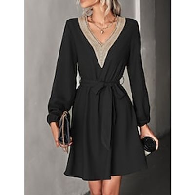 Women's Work Dress Black Dress Semi Formal Dress Fashion Mini Dress Lace V Neck Long Sleeve Color Block Loose Fit Black Dark Green Fall Spring S M L XL Lightinthebox