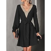 Women's Work Dress Black Dress Semi Formal Dress Fashion Mini Dress Lace V Neck Long Sleeve Color Block Loose Fit Black Dark Green Fall Spring S M L XL Lightinthebox - thumbnail