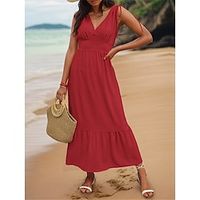 Women's Casual Dress A Line Dress Summer Dress Long Dress Maxi Dress Ruffle Street Holiday Date Streetwear Maxi V Neck Sleeveless Regular Fit Red Color S M L XL Size Lightinthebox