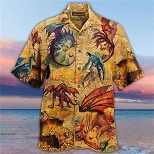 Men's Shirt 3D Print Dragon Turndown Street Casual Button-Down Short Sleeve Tops Casual Hawaiian Comfortable Beach Brown Lightinthebox