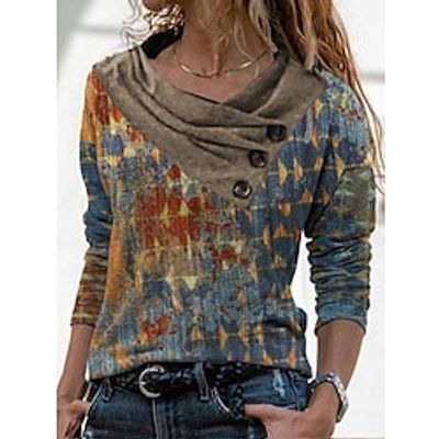 Women's Shirt Orange Tie Dye Button Print Long Sleeve Casual Streetwear V Neck Regular S Lightinthebox
