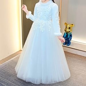 Kids Girls' New Year Dress Floral Tulle Dress Maxi Dress Wedding Mesh Long Sleeve Beautiful Dress kids Winter Blue Red White  Party  Fur Trim  Fall  Sweet Lightinthebox