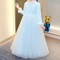 Kids Girls' New Year Dress Floral Tulle Dress Maxi Dress Wedding Mesh Long Sleeve Beautiful Dress kids Winter Blue Red White  Party  Fur Trim  Fall  Sweet Lightinthebox - thumbnail