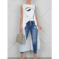 Women's Tank Top Black White Red Floral Portrait Asymmetric Print Sleeveless Casual Streetwear Round Neck Long S miniinthebox
