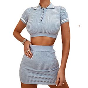 Women's Solid Color Sweater Co-ords Short Sleeve Sweater Cardigans Round Neck Blue miniinthebox