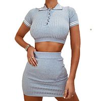 Women's Solid Color Sweater Co-ords Short Sleeve Sweater Cardigans Round Neck Blue miniinthebox - thumbnail