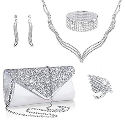 Bride Fashion Diamond Necklace Earrings Bracelet Ring Pu Sequin Handheld Bag Dinner Bag Set of Five Lightinthebox