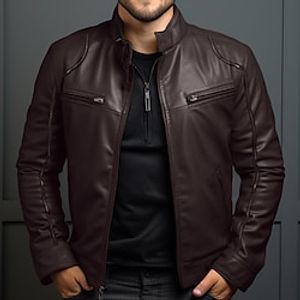 Men's Leather Jacket Motorcycle Jacket Outdoor Daily Wear Warm Pocket Fall Winter Plain Fashion Streetwear Stand Collar Regular Black Brown Jacket Lightinthebox