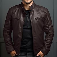 Men's Leather Jacket Motorcycle Jacket Outdoor Daily Wear Warm Pocket Fall Winter Plain Fashion Streetwear Stand Collar Regular Black Brown Jacket Lightinthebox - thumbnail