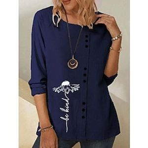 Women's T shirt Tee Floral Holiday Weekend Floral Painting T shirt Tee Long Sleeve Button Print Round Neck Basic Blue Khaki Navy Blue S  3D Print Lightinthebox