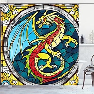 Stained Glass Dargon Bathroom Deco 4 Pcs Shower Curtain Set Bathroom Sets Modern Home Bathroom Decor with Bath Mat U Shape and Toilet Lid Cover Mat and 12 Hooks Lightinthebox