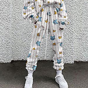 Women's Fashion Casual / Sporty Comfort Going out Weekend Active Pants Cat Animal Full Length Pocket Elastic Drawstring Design Print White Purple Yellow Green Light Green miniinthebox
