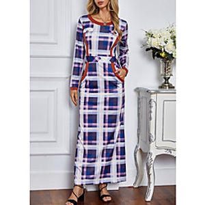 Women's Shift Dress Maxi long Dress Blue Long Sleeve Check Pocket Patchwork Fall Summer Round Neck Elegant Casual 2021 S M L XL XXL / Satin miniinthebox