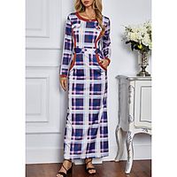 Women's Shift Dress Maxi long Dress Blue Long Sleeve Check Pocket Patchwork Fall Summer Round Neck Elegant Casual 2021 S M L XL XXL / Satin miniinthebox - thumbnail