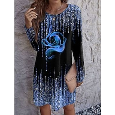 Women's Casual Dress T Shirt Dress Tee Dress Rose Print V Neck Mini Dress Streetwear Street Holiday Long Sleeve Loose Fit White Red Blue Spring S M L XL 2XL Lightinthebox