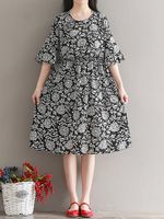 Casual Floral Print Loose 3/4 Sleeve O-neck Dress For Women