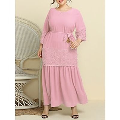Women's Plus Size Curve Party Dress Lace Dress Swing Dress Solid Color Long Dress Maxi Dress 34 Length Sleeve Lace up Lace Crew Neck Fashion Party Pink Blue Fall Winter XL XXL 3XL 4XL Lightinthebox