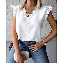 Lace Shirt Blouse WhiteLaceShirt Women's Black White Blue Solid / Plain Color Lace Trims Daily Elegant V Neck S Lightinthebox