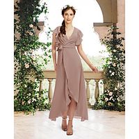 A-Line V Neck Asymmetrical / Ankle Length Chiffon Bridesmaid Dress with Sash / Ribbon / Ruffles miniinthebox - thumbnail