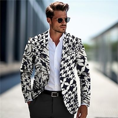 Houndstooth Business Men's Coat Blazer Work Wear to work Going out Fall  Winter Turndown Long Sleeve White Blue khaki S M L Polyester Weaving Jacket Lightinthebox