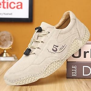 Men's Casual Shoes Retro Plus Size Handmade Shoes Walking Sporty Casual Outdoor Daily Pigskin Slip Resistant Elastic Band Black Khaki Gray Spring Fall Lightinthebox