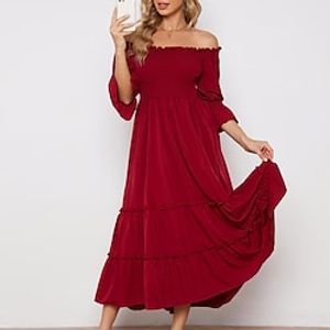Women's Sheath Dress Midi Dress Red 3/4 Length Sleeve Pure Color Backless Ruched Patchwork Fall Winter Off Shoulder Fashion Modern 2022 S M L XL miniinthebox