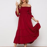 Women's Sheath Dress Midi Dress Red 3/4 Length Sleeve Pure Color Backless Ruched Patchwork Fall Winter Off Shoulder Fashion Modern 2022 S M L XL miniinthebox - thumbnail