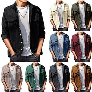 Men's Lightweight Jacket Shirt Jacket Shacket Outdoor Daily Wear Warm Fall Winter Plain Fashion Streetwear Lapel Regular Black Wine Brown Dark Grey Apricot Jacket Lightinthebox