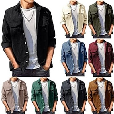 Men's Lightweight Jacket Shirt Jacket Shacket Outdoor Daily Wear Warm Fall Winter Plain Fashion Streetwear Lapel Regular Black Wine Brown Dark Grey Apricot Jacket Lightinthebox