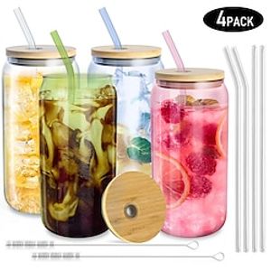 4 Glass Cups with Lids and Straws - Drinking Glasses, Glass Coffee Cups, Glass Tumbler With Lid And Straw, Glass Tumbler, Iced Coffee Cups amp; Glass Straws, Glass Coffee Cups With Lids And Straw - 16 Oz Lightinthebox