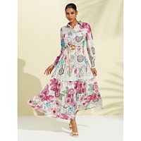 Women's Shirt Dress Maxi Dress White Long Sleeve Flower / Plants Pocket Belted Spring Lapel S M L Lightinthebox