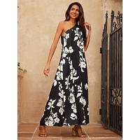 Floral Print One Shoulder Sleeveless Maxi Dress