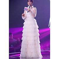 A-Line Celebrity Style Elegant Wedding Guest Formal Evening Dress Illusion Neck Long Sleeve Floor Length Tulle with Tier Lace Insert 2021 miniinthebox - thumbnail