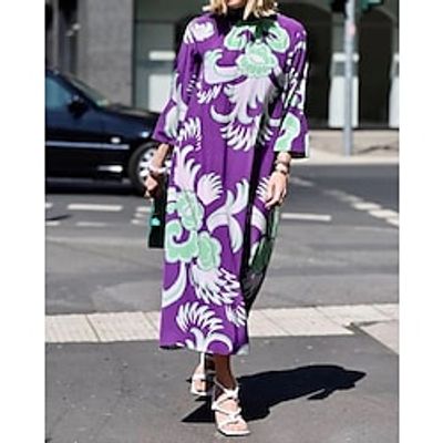 european and american new products cross-border women's autumn loose large size printing round neck three-quarter sleeve mid-length t-shirt skirt dress miniinthebox